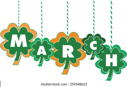 Month Of March Letters Hanging Within Shamrocks - Vector