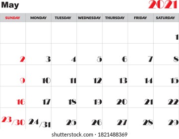 Month May 2021 Calendar Vector