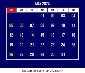Month May 2024 calendar with blue background and white numbers
