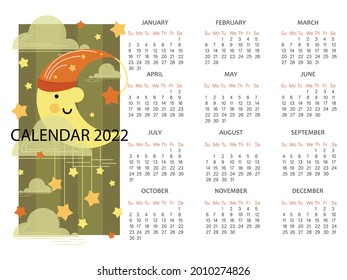 Month. Moon calendar. 2022. Vector calendar template for planner's notebook, business project of gardeners and summer residents, planning planting of plants, sowing seeds. Week starts on Sunday.