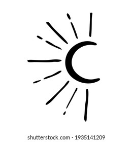 Month, moon. Mystical element, ethnic pattern. Hand-drawn. Doodle, sketch, tattoo. Single element. Vector illustration for modern designs, prints, posters. On a white background.