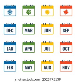 Nombre del mes en calendario, Ilustración vectorial de estilo plano colorido, cuatro estaciones 4 colores, copo de nieve azul del invierno, flor verde de la primavera, sol amarillo del verano, hoja de otoño naranja roja