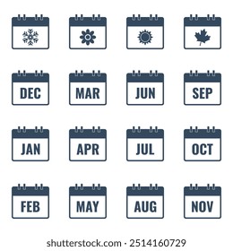 month name in calendar, flat style vector illustration, winter snowflake, spring flower, summer sun, autumn leaf
