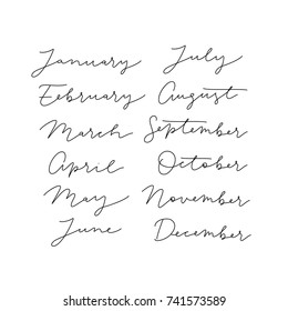 Month name january, february, march, april, may, june, july, august, september, october, november, december. Hand drawn thin line calligraphy titles. Modern lettering for calendar / planner / journal.