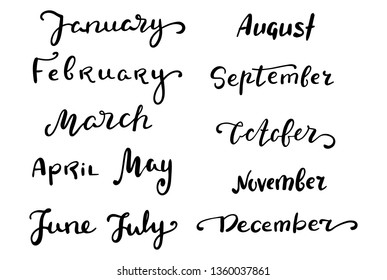 Month name vector lettering on white background. English lettering month name. Hipster lettering labels for journaling or calendar. Monthly planner tags isolated. Whimsical lettering labels