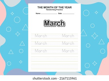 Month name of the year trace and writing practice sheet