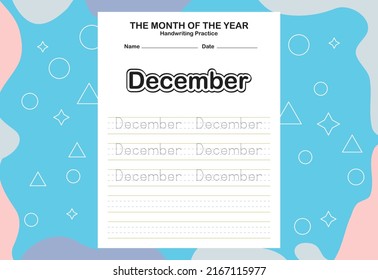 Month name of the year trace and writing practice sheet