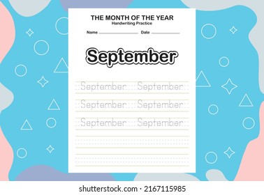 Month name of the year trace and writing practice sheet