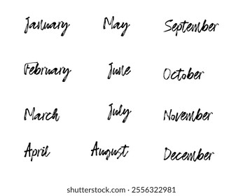 Month names cursive typography set. Handwritten calligraphic outline script collection of calendar months of the year. Vector art