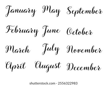 Month names cursive typography set. Handwritten calligraphic outline script collection of calendar months of the year. Vector art