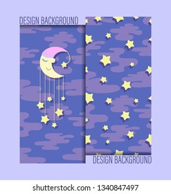 Month in a night cap and night sky. Seamless patterns. Set. Design for baby textiles, tableware, background image.