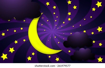 month in the night sky, the stars and clouds, background spirals, vector illustration