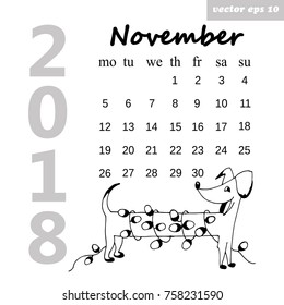 Month november 2018. Calendar for the next coming year. Hand drawn illustration. Element for daily, monthly, yearly planner, diary, poster, postcard, organizer.