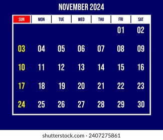 
Month November 2024 calendar with blue background and white numbers