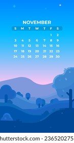 The month of November 2024 landscape with cold winter dawn. Winter landscape illustration in blue shades. 