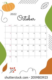 Month October 2022 with abstract elements, lines, berries, leaves and pumpkin. Vertical autumn poster with cozy atmosphere. Vector illustration. Calendar grid with squares for entries