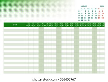 Month Planner 2016 for events or duty list - August
	
