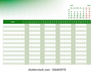 Month Planner 2016 for events or duty list - July
