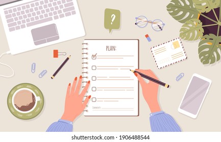 Month planning or checklist concept. Woman planning day or week. Task scheduling, work process organization and achievements of goals. Top-down view. Vector illustration in flat cartoon style.