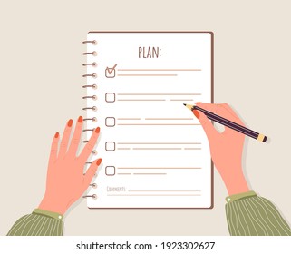 Month planning or checklist concept. Woman planning day or week. Task scheduling, work process organization and achievements of goals. Top-down view. Vector illustration in flat cartoon style.