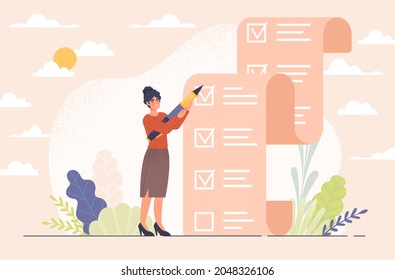 Month planning concept. Woman stands next to large to do list. Employee competently manages time and meet deadline. List of tasks. Cartoon modern flat vector illustration isolated on pink background