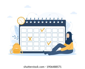 Month planning or to do list concept. Islamic woman in hijab sitting near giant calendar. Task scheduling, work process organization. Vector illustration in flat cartoon style.