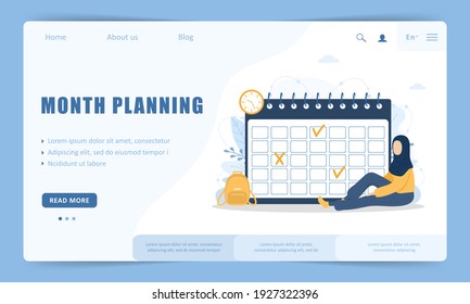 Month planning or to do list concept. Website landing page template. Islamic woman sitting near giant calendar. Task scheduling, work process organization. Vector illustration in flat cartoon style.