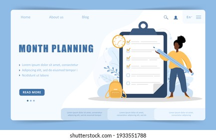 Month planning or to do list concept. Website landing page template. African woman with giant pencil standing near large checklist on clipboard. Vector illustration in flat cartoon style.