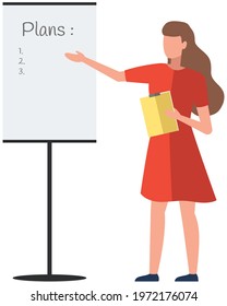 Month planning or to do list concept. Task scheduling, work process organization. Girl in dress points at paper with plan. Faceless businesswoman with clipboard is talking about plan on poster