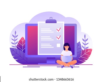 Month planning, to do list, time management. Woman is sitting with laptop and working with data near large computer monitor. Flat concept vector illustration