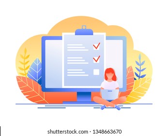 Month planning, to do list, time management. Woman is sitting with laptop and working with data near large computer monitor. Flat concept vector illustration