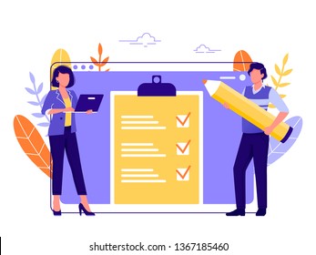 Month planning, to do list, time management. Woman and man standing near large computer monitor and working with data. Flat concept vector illustration, isolated on white