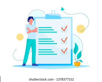 Month planning, to do list, time management. Man is standing near large to do list. Plan fulfilled, task completed. Flat concept vector illustration, isolated on white