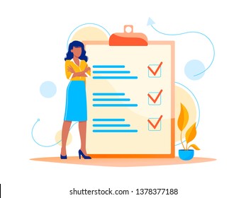 Month planning, to do list, time management. Woman is standing near large to do list. Plan fulfilled, task completed. Flat concept vector illustration, isolated on white