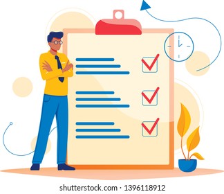 Month planning, to do list, time management. Man is standing near large to do list. Plan fulfilled, task completed. Flat concept vector illustration, isolated on white