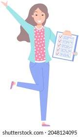 Month planning, to do list, time management, checklist. Woman standing with do list. Plan fulfilled, task completed. Happy girl with timetable on clipboard. Check list planning, scheduling concept