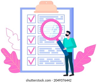 Month planning, to do list, time management, checklist. Man studying to do list with magnifier. Plan fulfilled, task completed. Person with magnifying glass looking at timetable on clipboard