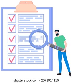Month planning, to do list, time management, checklist. Man studying to do list with magnifier. Plan fulfilled, task completed. Person with magnifying glass looking at timetable on clipboard