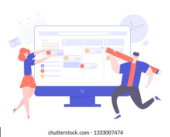 Month planning, teamwork, time management, joint project. A man and a woman are working with data on a large computer monitor. Vector illustration for landing pages and printed materials.