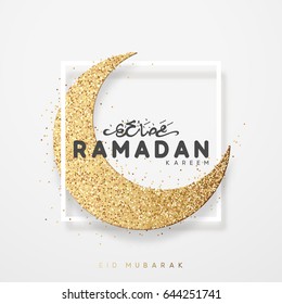 Month Ramadan greeting card. Arabic calligraphy Ramadan Kareem. Islamic background golden half a month.