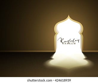 Month Ramadan Kareem vector calligraphy handmade, islamic mosque, interior Arab door in gold design. Template greeting card.  