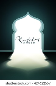 Month Ramadan Kareem vector calligraphy handmade, islamic mosque interior Arab door