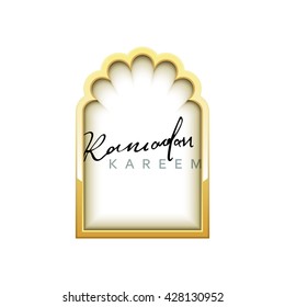 Month Ramadan Kareem vector calligraphy handmade, islamic mosque, interior Arab window in gold design. Template greeting card.  