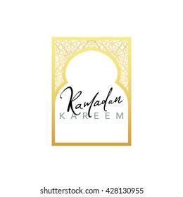 Month Ramadan Kareem vector calligraphy handmade, islamic mosque, interior Arab window in gold design. Template greeting card.  