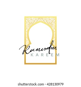 Month Ramadan Kareem vector calligraphy handmade, islamic mosque, interior Arab window in gold design. Template greeting card.  