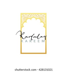 Month Ramadan Kareem vector calligraphy handmade, islamic mosque, interior Arab window in gold design. Template greeting card.  