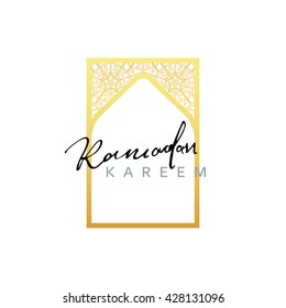 Month Ramadan Kareem vector calligraphy handmade, islamic mosque, interior Arab window in gold design. Template greeting card.  