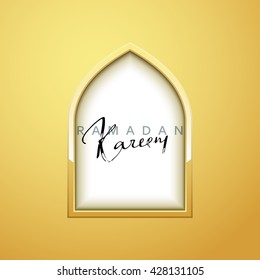 Month Ramadan Kareem vector calligraphy handmade, islamic mosque, interior Arab window in gold design. Template greeting card.  