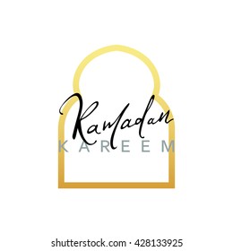 Month Ramadan Kareem vector calligraphy handmade, islamic mosque, interior Arab window in gold design. Template greeting card.  