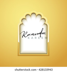 Month Ramadan Kareem vector calligraphy handmade, islamic mosque interior Arab window in gold.  